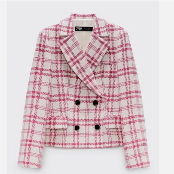 ZARA Textured Plaid Blazer Jacket Coat Pink White Double Breast Size M NWT - Picture 1 of 8